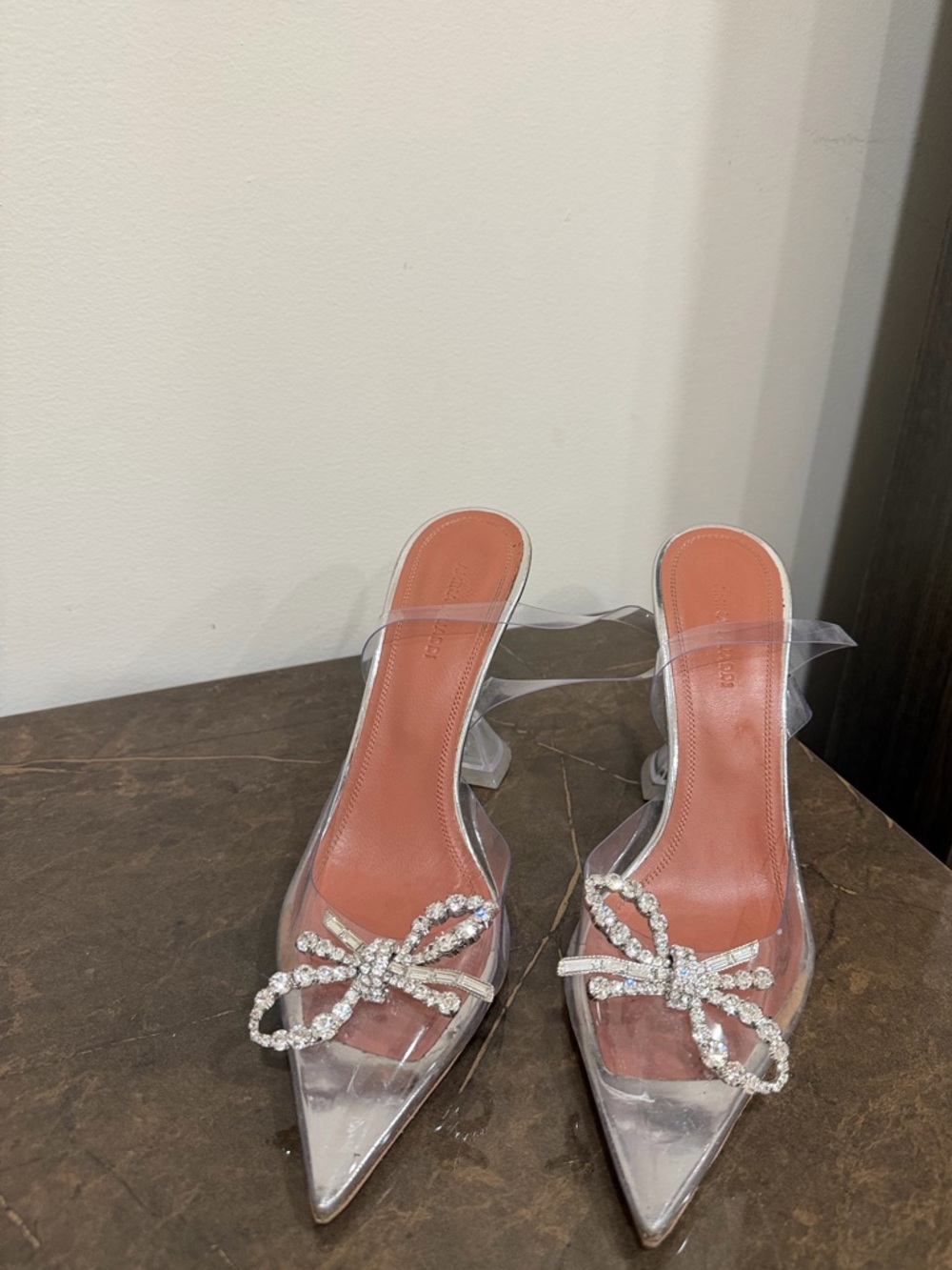 Amina Muaddi Clear PVC Pointed Mules with Crystal Bow - Tan Insole